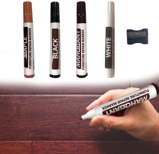 Kit di riparazione per mobili 5 pezzi - Segnatori/Spazzola per cera - Ideale per mobili in legno - Riparazione di graffi di vernice - 4 colori unici - Kit di riparazione per pavimenti in parquet