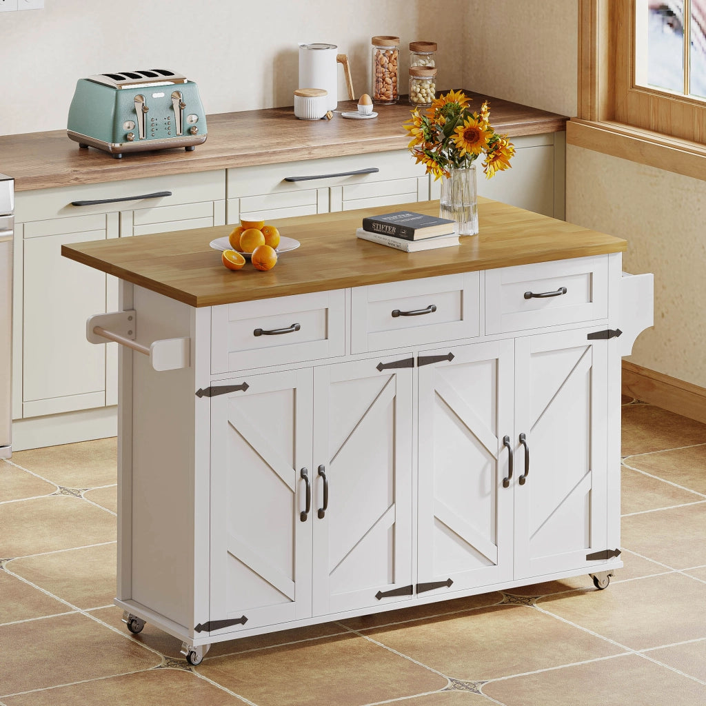 Isola da cucina pieghevole 140x43(70)x90,5 cm con 4 porte, 3 cassetti, rotelle bloccabili, bianco/naturale
