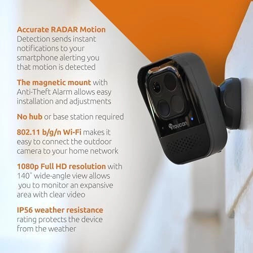 Toucan TSCP05GR-ML Wireless Security Camera PRO Telecamera IP Radar Motion Detection 1080p Full HD 140° IP56 9750 mAh colore Nero