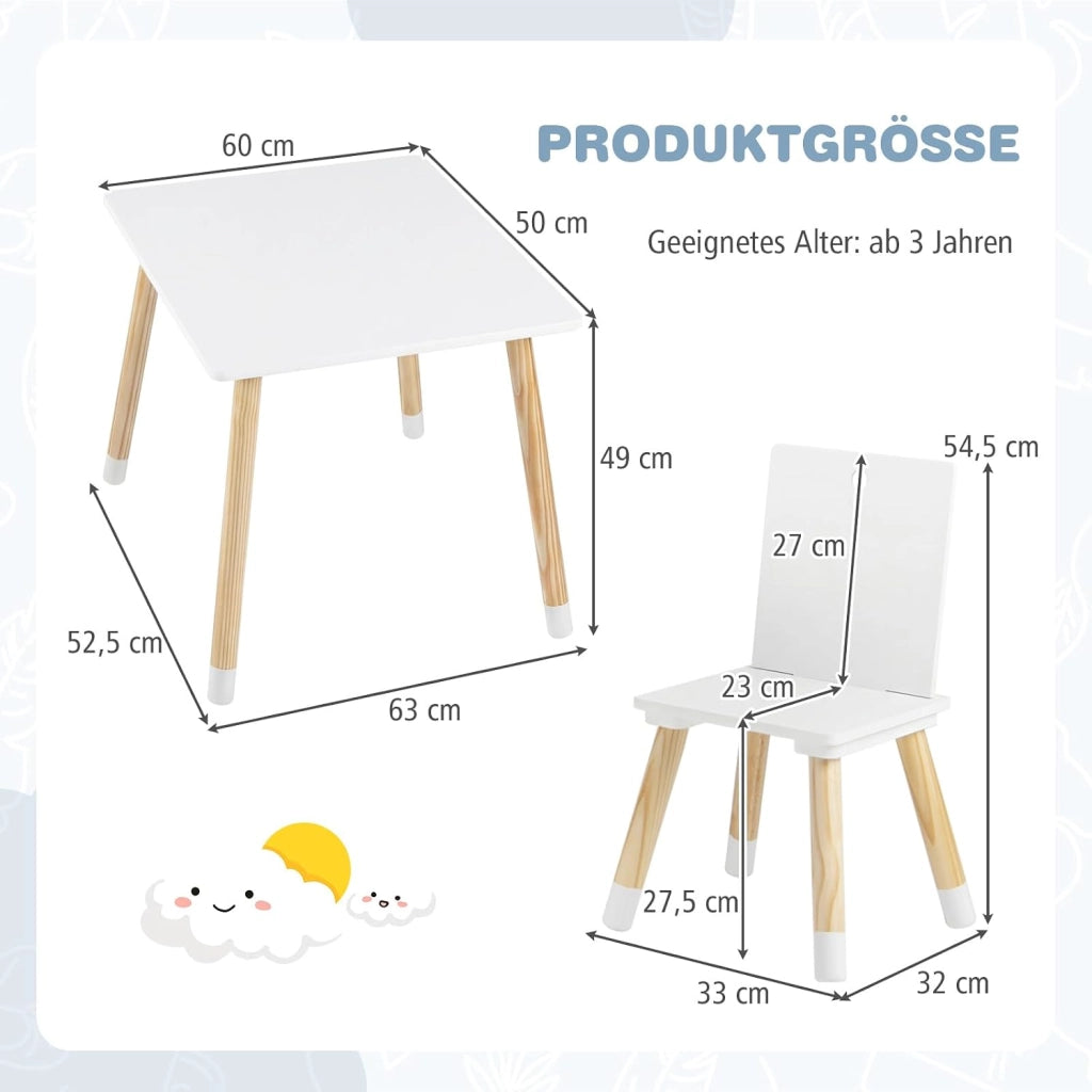Set Tavolo e 2 Sedie per Bambini, con Gambe in Legno di Pino, Set Tavolo Attività, Mobili di Legno per Giocare Imparare Mangiare, Bianco