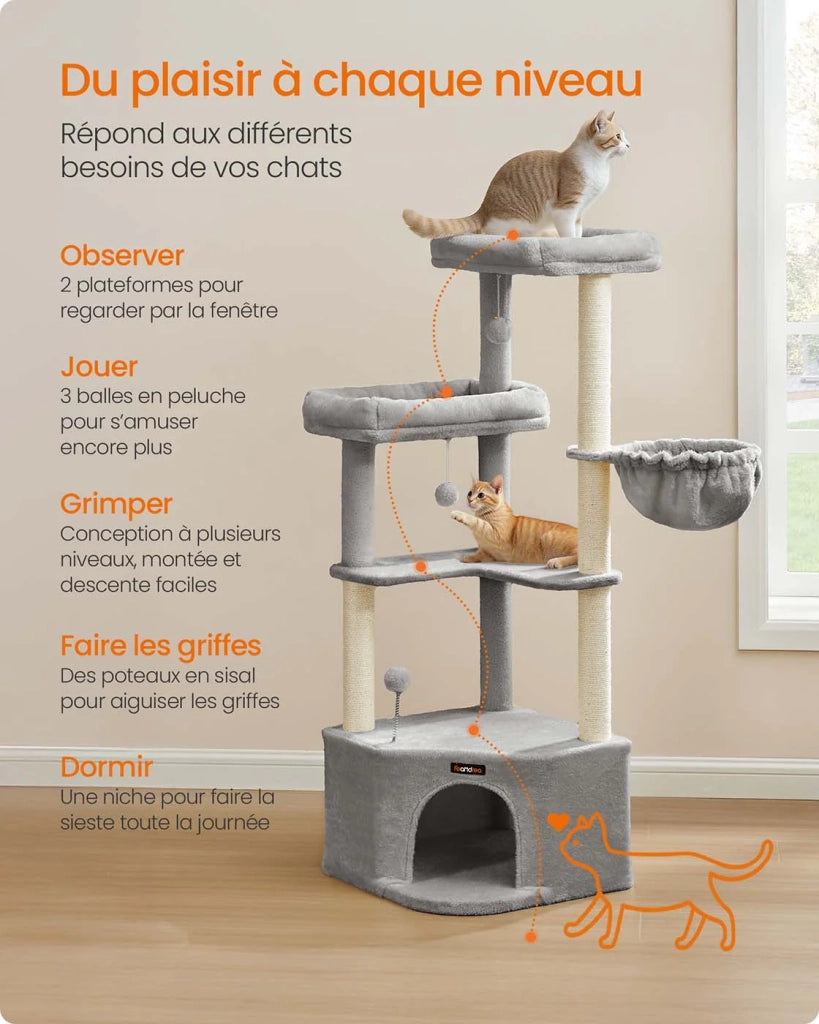 Tiragraffi 48,5 x 48,5 x 140,7 cm torre gioco per gatti con grotta per gatti grandi piattaforme palline di peluche amaca grigio 12_0008010