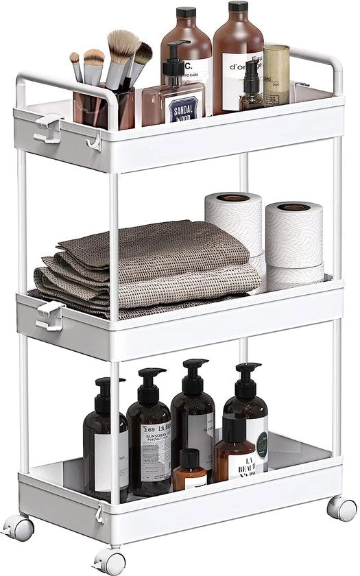Carrello di stoccaggio 3 livelli con cassetti estensibili, carrello di spesa slittabile, carrello per mobili di stoccaggio per cucina, bagno, lavanderia, camera da letto, spazi angusti, plastica, bianco
