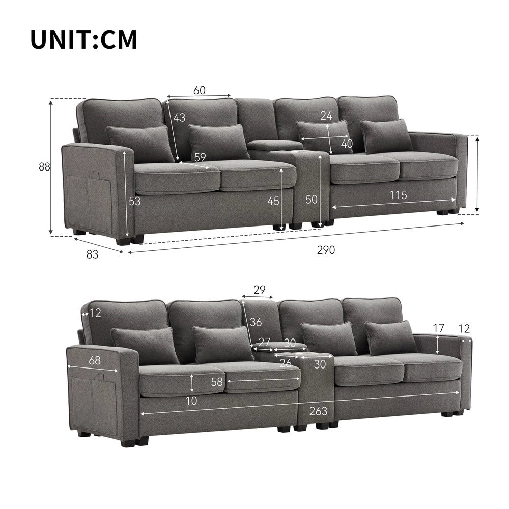 Divano 4 posti con cuscini ¨C Minimal ¨C tessuto grigio chiaro, braccioli con portaoggetti e porte USB