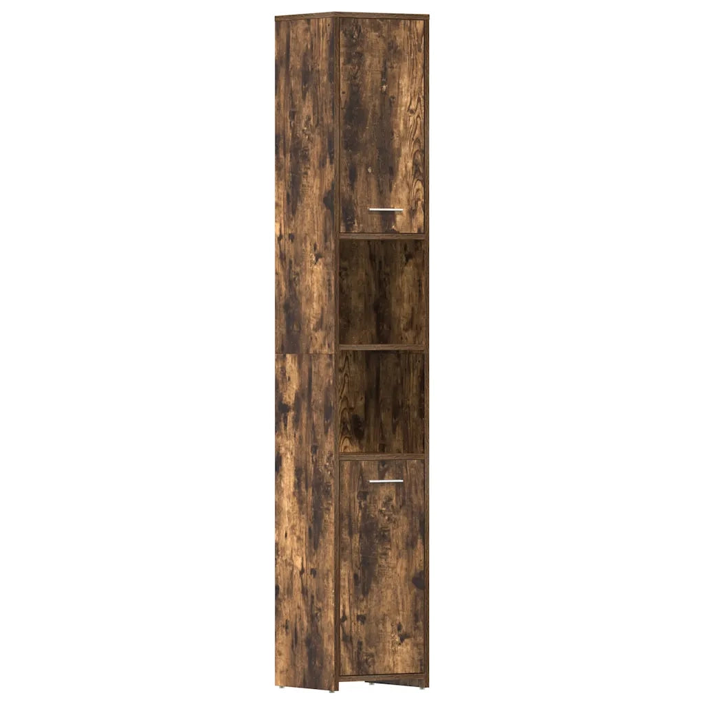 Elegante mobiletto da bagno in legno composito con ampio spazio contenitivo 30 x 30 x 183 cm finitura rovere affumicato 02_0048175
