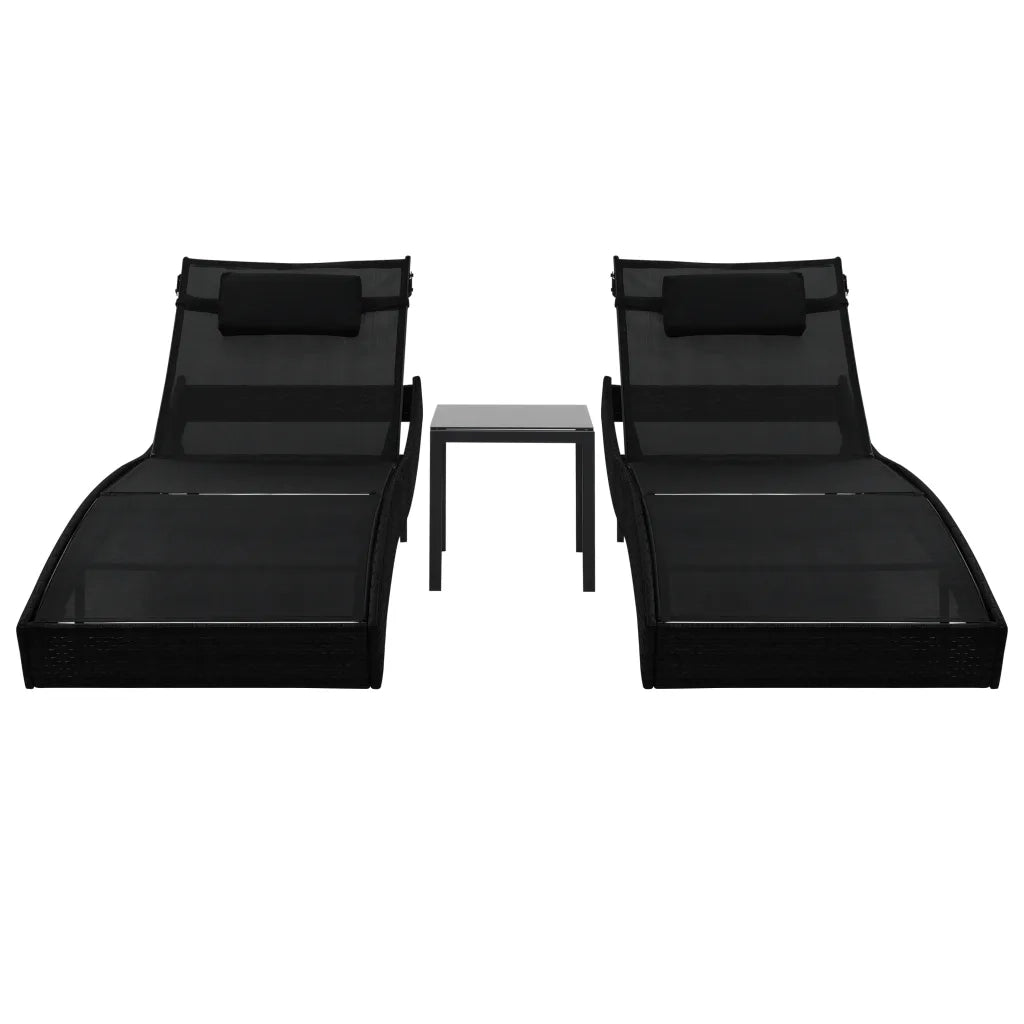 Lettini Prendisole 2 pz e Tavolo in Polyrattan e Textilene Nero 44893