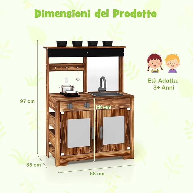 Cucina Giocattolo da Giardino con Lavagna, Cucina in Legno di Abete per Bambini con 4 Vasi da Giardinaggio, Fornelli 4 Accessori per Cucinare, 68 x 35 x 97 cm