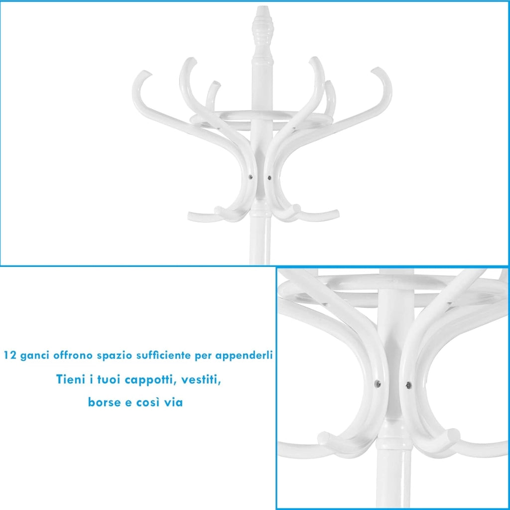 Attaccapanni da Terra Appendiabiti a piedi con 12 ganci in legno ecologico, 51 x 51 x 184 cm (Bianco)