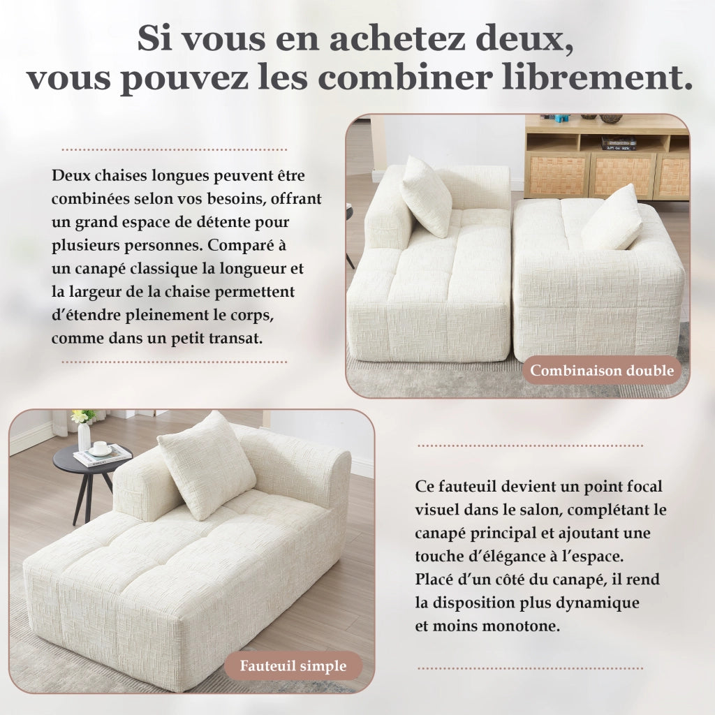 Chaise Longue Méridienne 1 Posto con Cuscino e Tasche Laterali; Comfort Morbido; in Ciniglia Beige