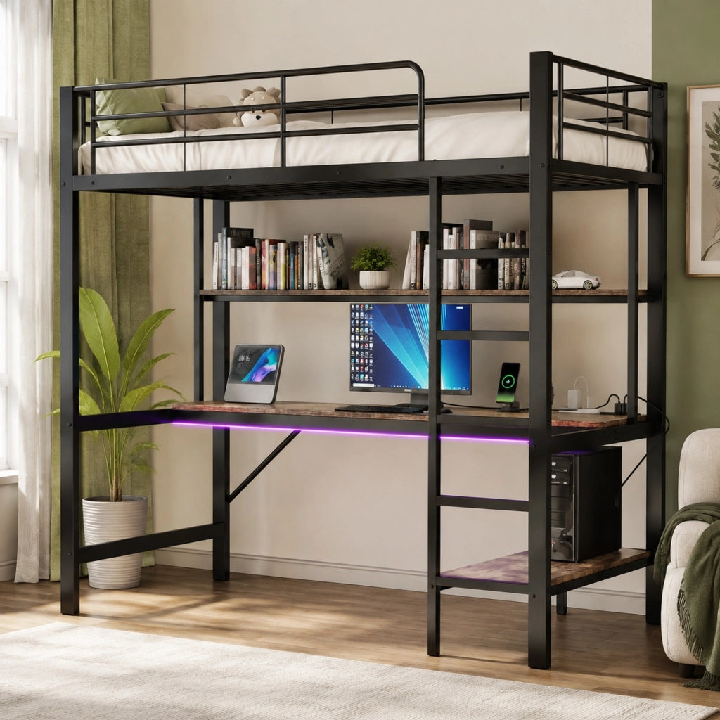 Letto a soppalco con scrivania, scaffale, luci LED e prese USB