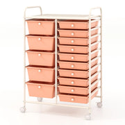 Carrello con 15 cassetti estraibili e ruote con freno, Carrello multiuso per casa ufficio scuola Oro rosa-Armadi da ufficio