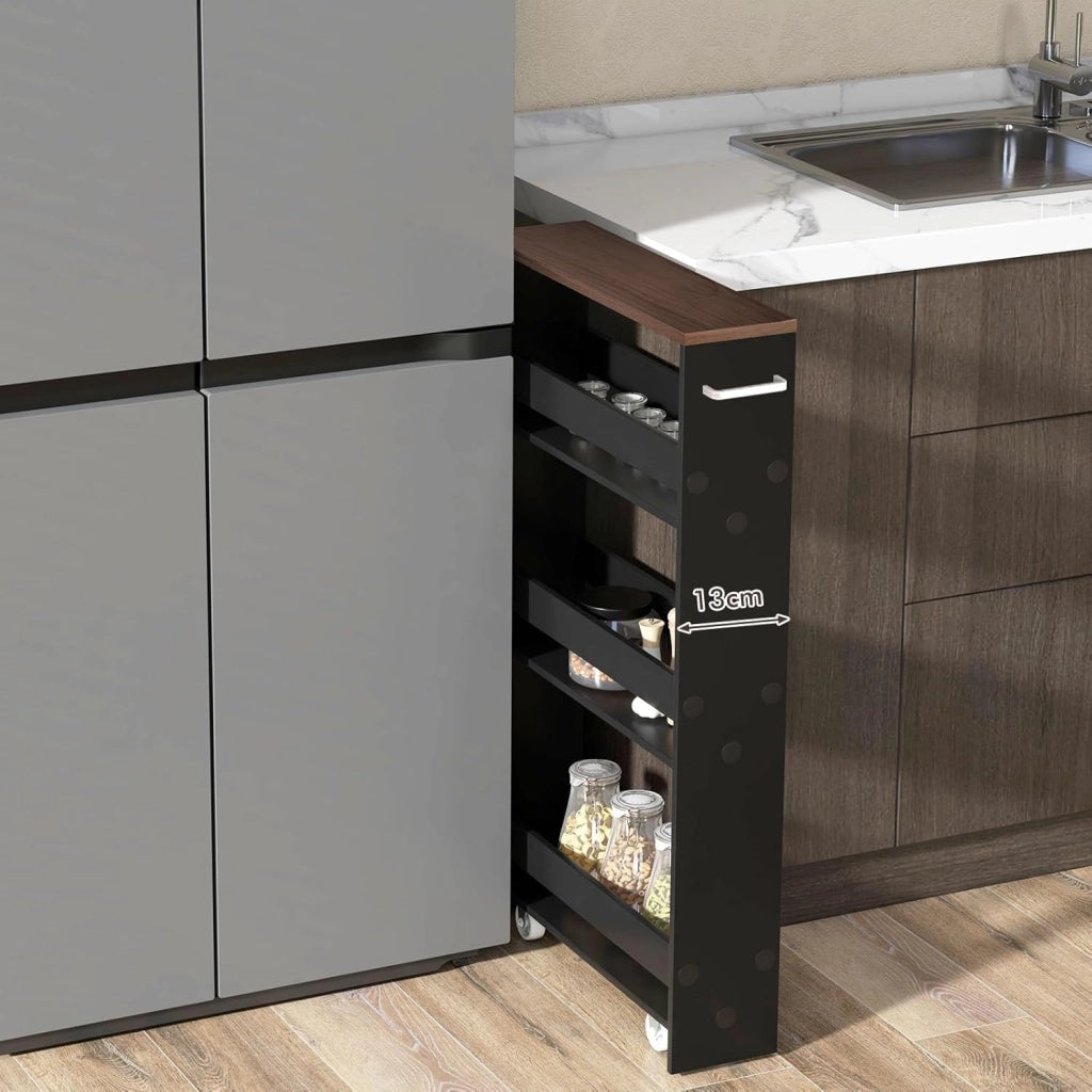 Carrello per Nicchia con Ruote, 4 Livelli，Carrello di Servizio Stretto Salvaspazio, da Bagno, Scaffale da Cucina Sottile 47,5 x 13 x 80,5 cm (Marrone+Nero, Largo 13 cm)