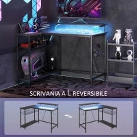Scrivania Angolare Reversibile con LED, Prese di Corrente e Prese USB, Ripiani e Supporto Monitor, Nero