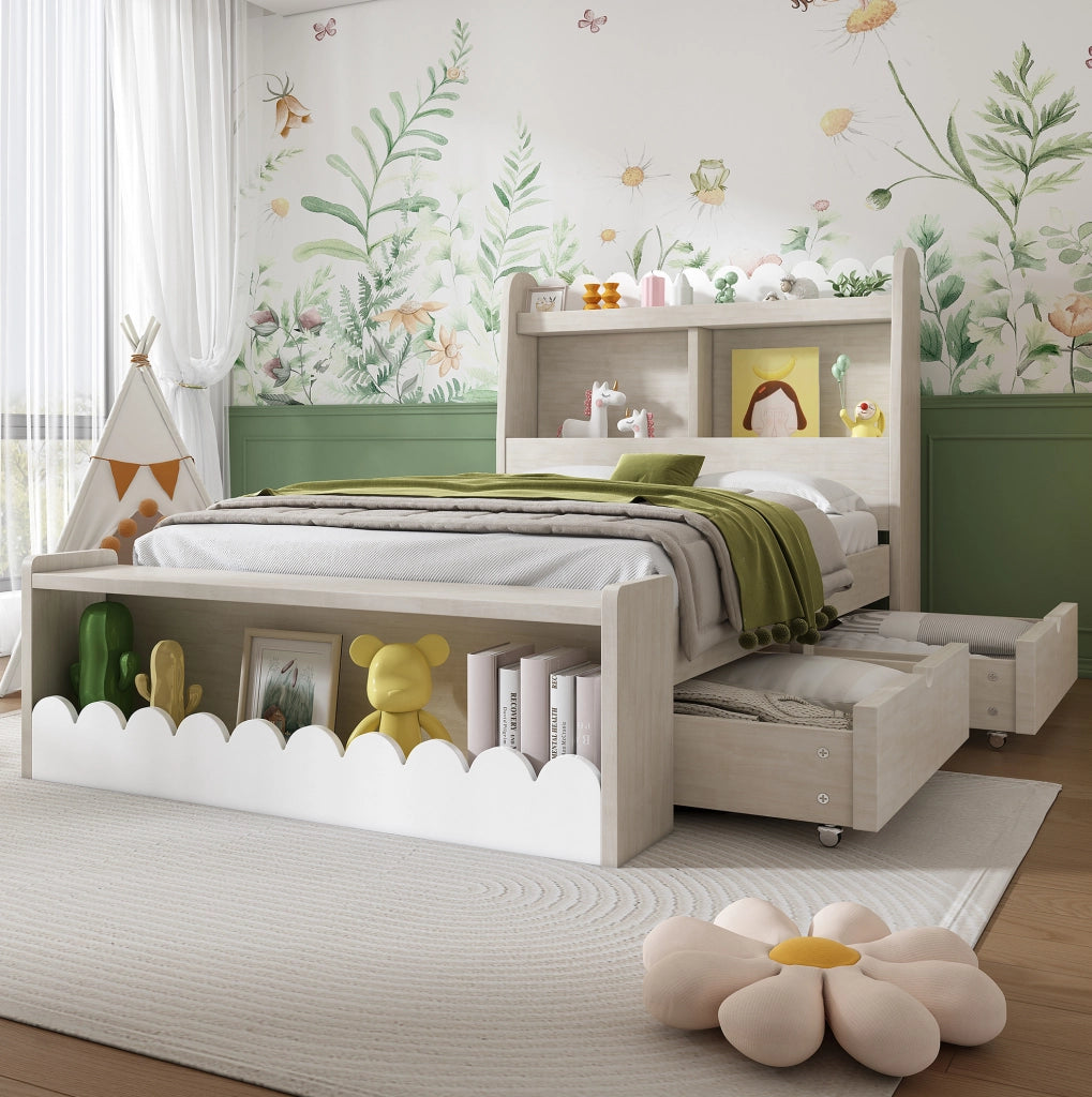LETTO Singolo 90x200 cm con Cassetti, Scaffali e Modulo contenitore Bianco e Rovere