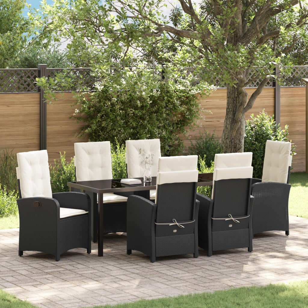 Set da Pranzo da Giardino 7 Pezzi con Cuscini in Rattan Plastico Nero