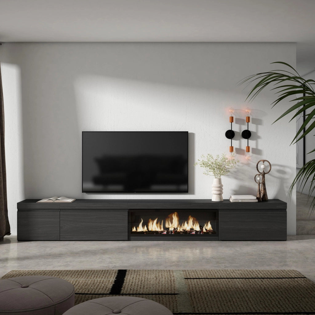 Mobile TV Soggiorno, 317x35x45cm, Camino elettrico XXL, Nero RF3672