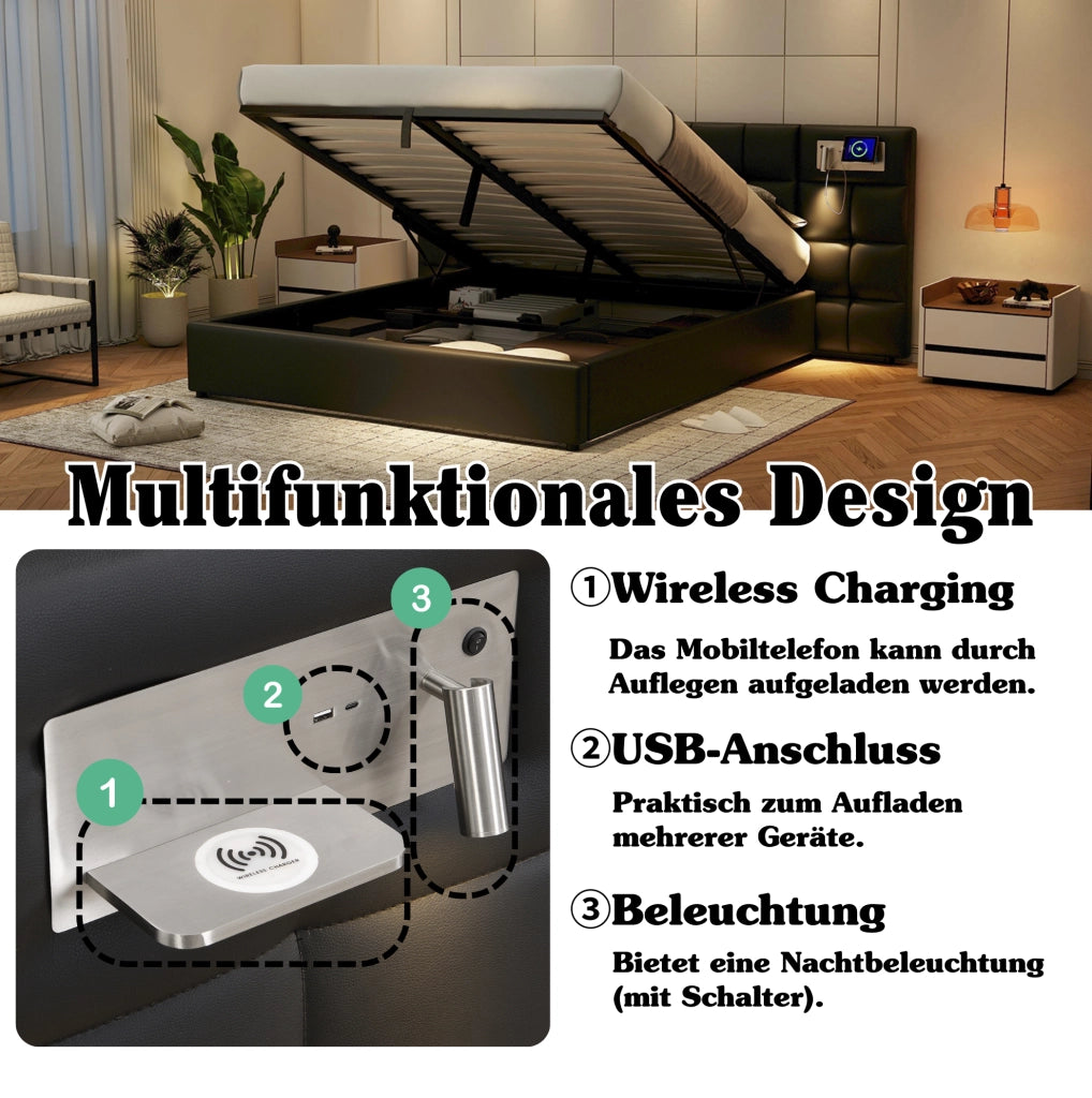 Letto imbottito 180x200 cm con contenitore, USB e ricarica wireless