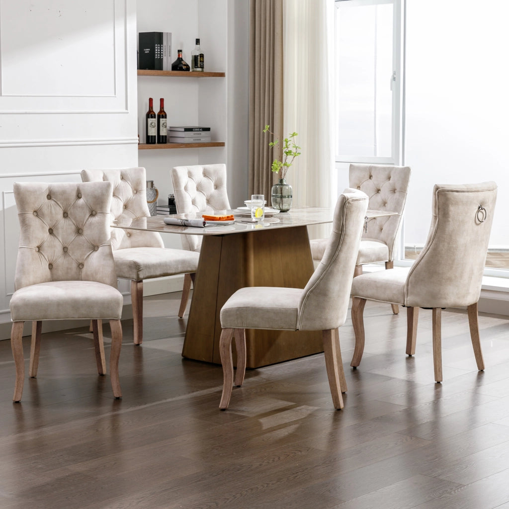 Sedie da Pranzo in Velluto con Schienale Alto ¨C MINIMAL ¨C Beige Chiaro, Gambe Massello, Set 6 Pezzi