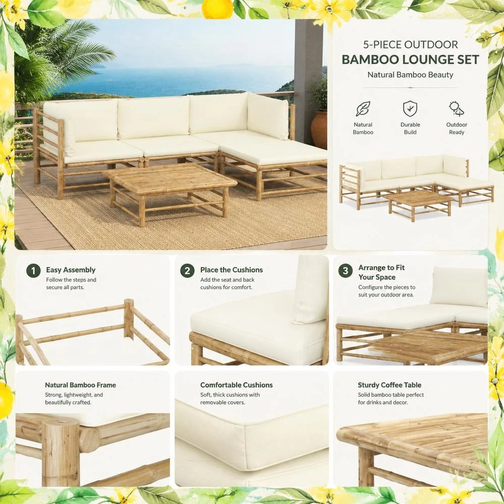 5-piece Garden Lounge Set With Cream-white Bamboo Cushions