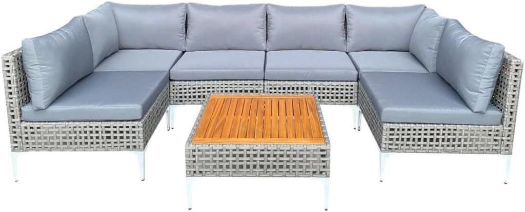 Set di mobili da giardino in rattan PE 7 pezzi, tavolo in legno di acacia, cuscini rimovibili e gambe in metallo regolabili, set di mobili da esterno per cortile, terrazza, giardino, carico