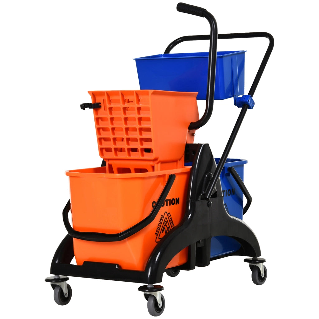 Carrello Pulizie Professionale da 26L con 2 Secchi Lavapavimenti, in Plastica e Metallo, 78x45x95 cm, Arancio Blu