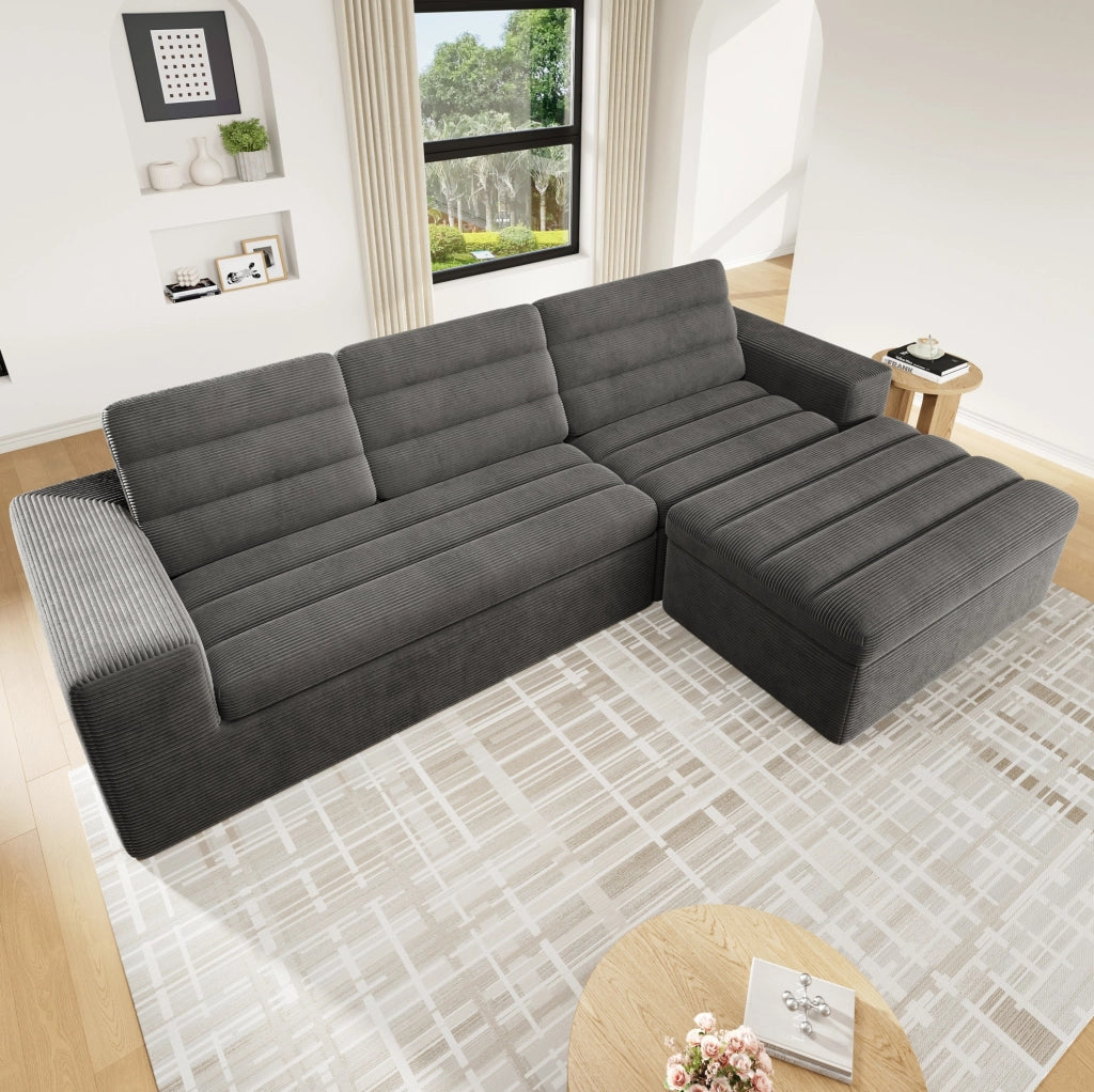 Divano angolare modulare a L 253x161x89 cm in corduroy; grigio scuro
