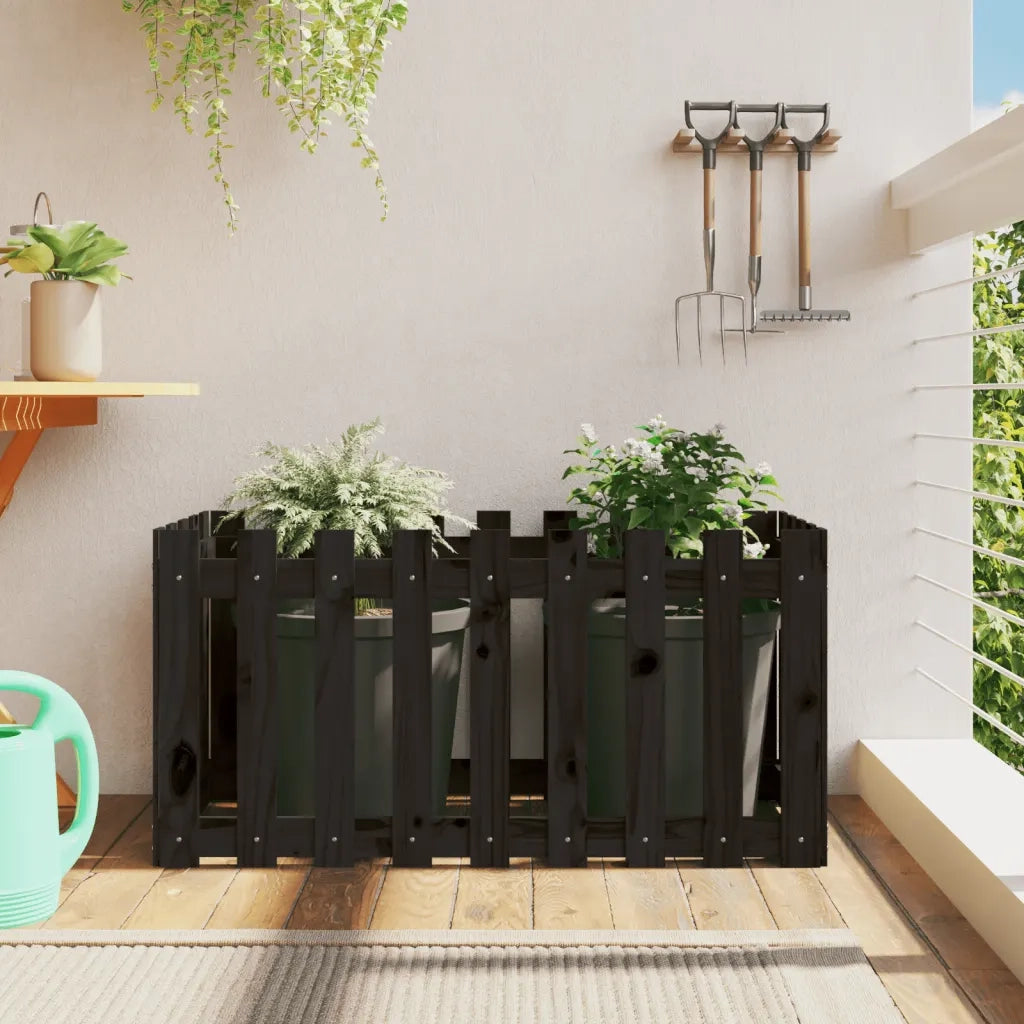 Fioriera Giardino a Recinzione-Vaso con Ringhiera-Contenitore per Piante Nera 100x50x50cm Massello Pino