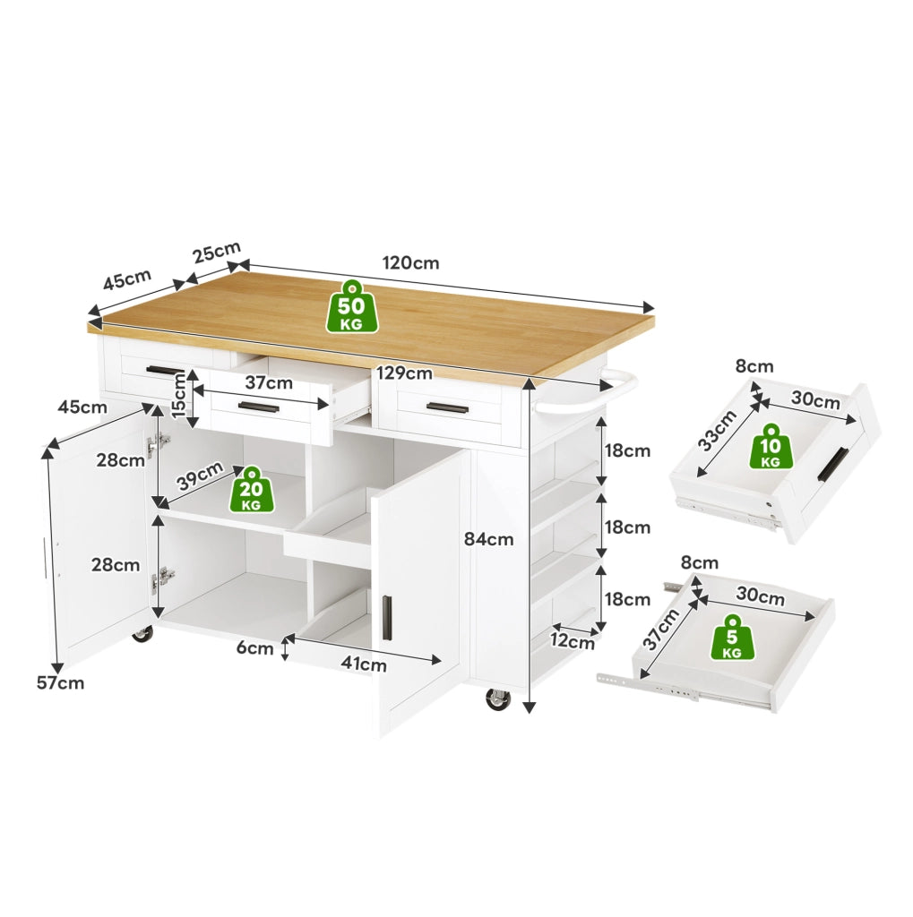 Isola da cucina con piano ribaltabile 120x45(70)x84 cm in MDF natural e bianco