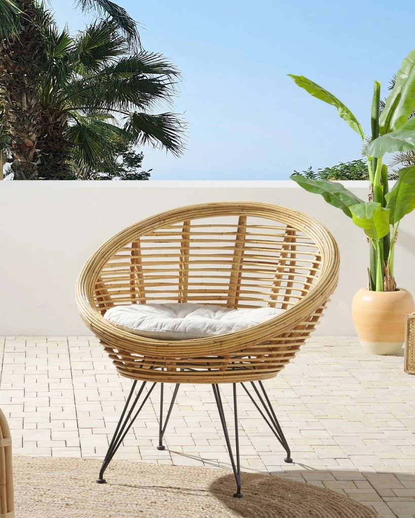 Sedia Naturale Rattan Light Beige Cotone Cuscino Indoor Outdoor Stile Boho Giardino Patio Balcone