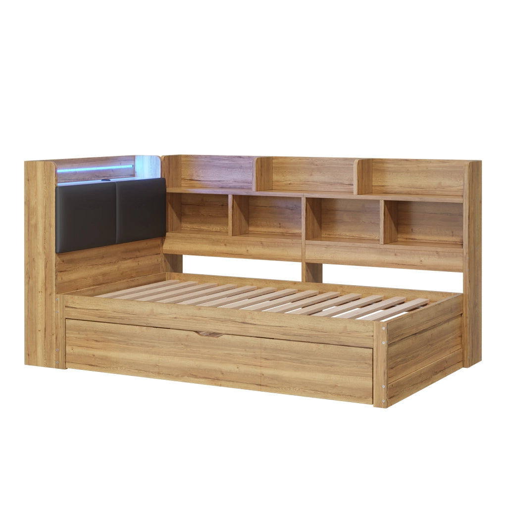 Letto Contenitore Singolo con LED e Letto Estraibile ¨C MINIMAL ¨C Legno Naturale 90x200