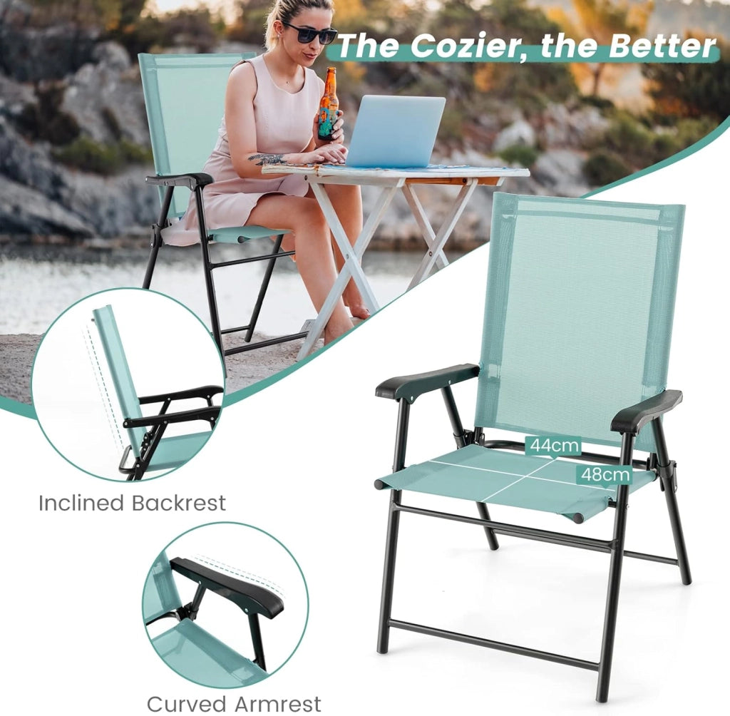 Set di 2/4 sedie pieghevoli da giardino, sedie in tessuto con schienale alto e braccioli, poltrone da balcone con telaio in metallo, portata 150 kg, 65 x 60 x 93 cm (verde x 4)