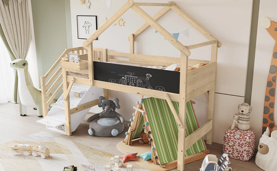 Letto a castello con lavagna e scalini contenitore in legno bianco naturale 90x200 cm