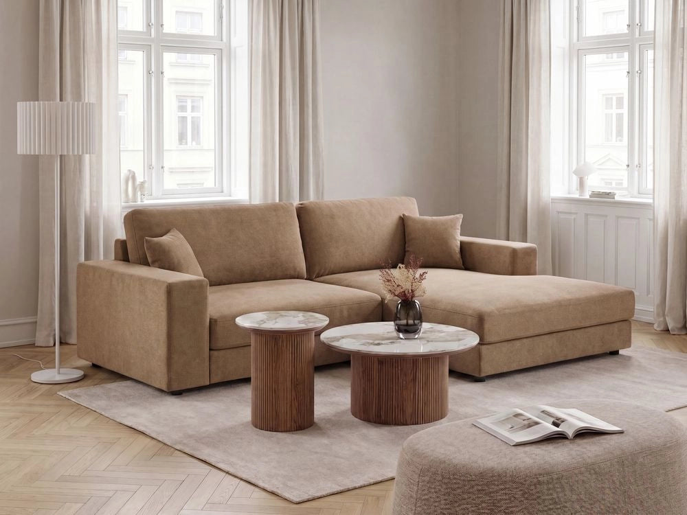 Divano angolare lato sinistro in Tessuto imbottito marrone con Cuscini 3 posti stile moderno minimalista