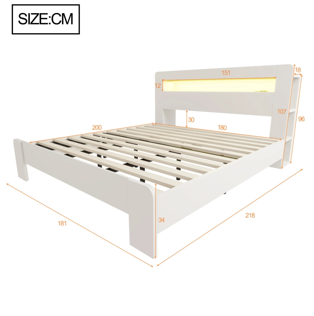 Letto matrimoniale 180x200 cm con testiera contenitore; LED e prese integrate; bianco