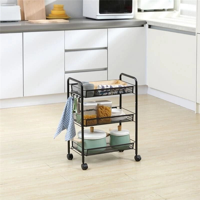 CARRELLO DA CUCINA A 3 LIVELLI CON CESTI REMOVIBILI 41.5LX26.5X63CM ACCIAIO NERO
