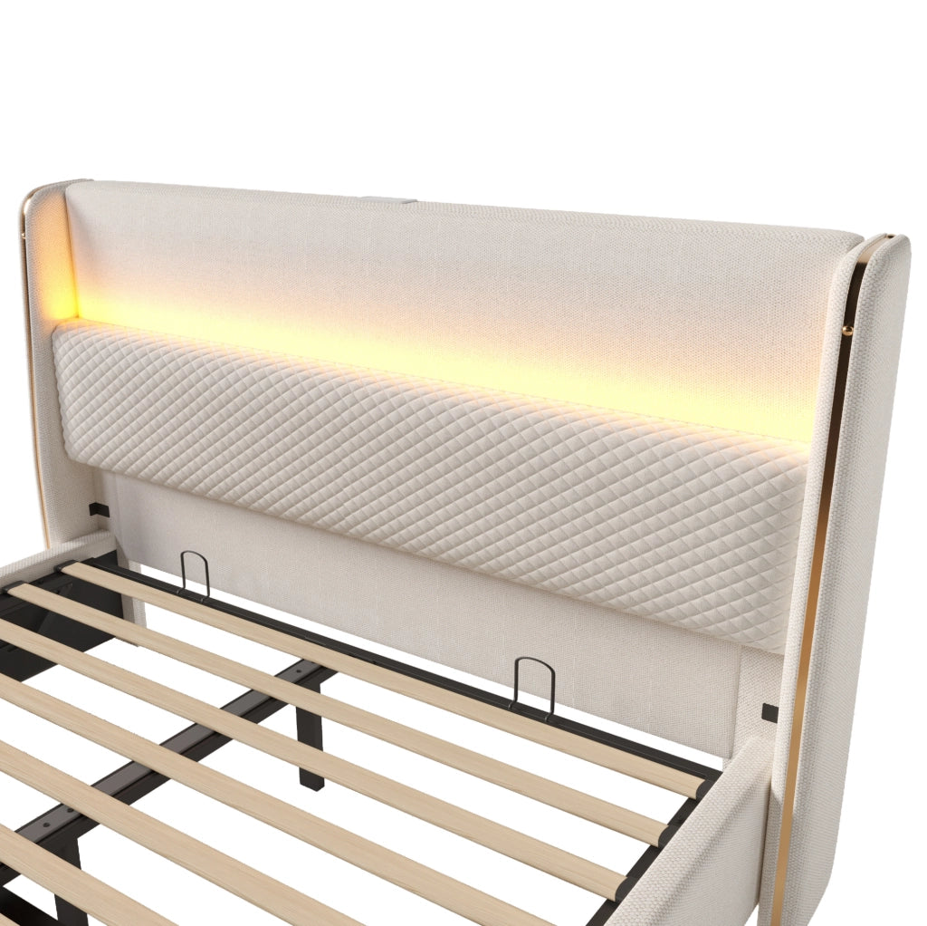Letto matrimoniale con contenitore 180x200 cm in lino beige; testiera alta; LED e USB/Type-C