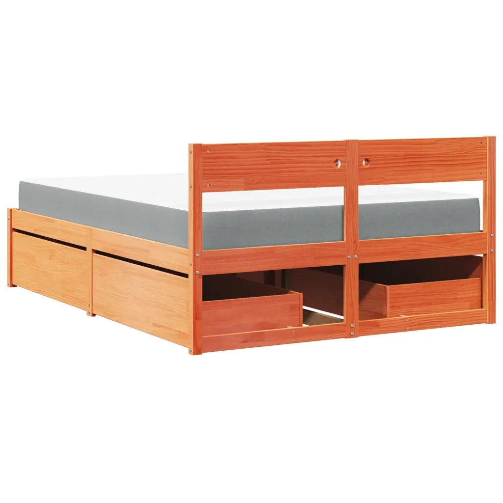 Letto Cassetti e Materasso Marrone Cera 120x200cm Massello Pino