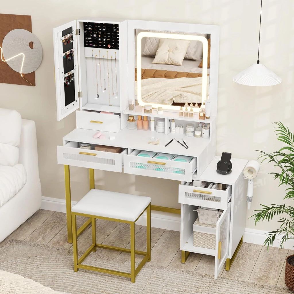 Set da toeletta con specchio e luci LED tricolore, tavolo da trucco con sgabello imbottito, stazione di ricarica, con cassetti, armadio di gioielli e ripiani, 112 x 39,5 x 145 cm, bianco