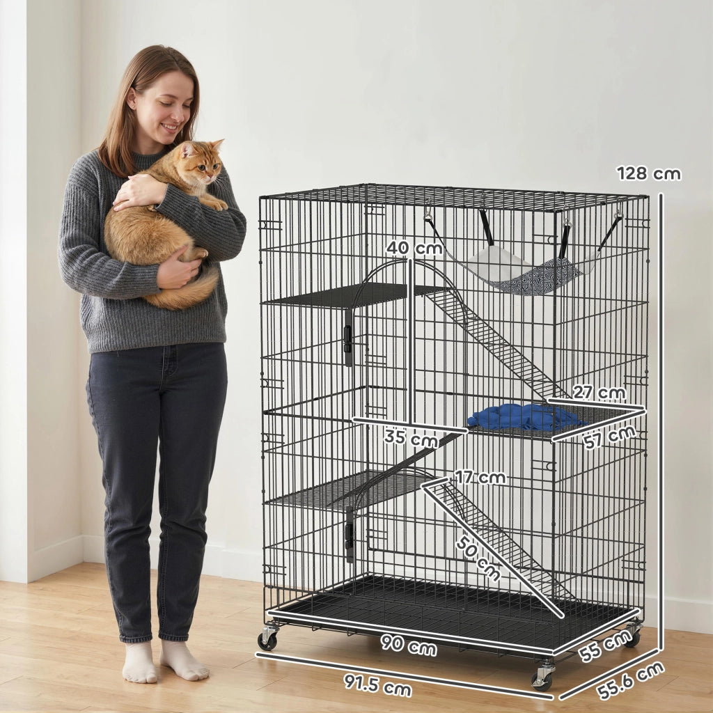 Gabbia Gatti a 4 Livelli con Amaca. Letto. Rampe e Piattaforme in Metallo con Ruote e Vassoio Estraibile. Nero