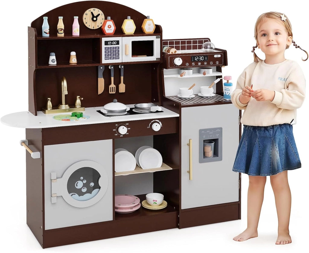 Cucina Giocattolo con Macchina da Caffè e del Ghiaccio, Cucina per Bambini in Legno con Lavatrice, Microonde, Fornelli e Lavandino, Set Cucina con 27 Accessori, 106 x 30 x 105 cm (Bianco)
