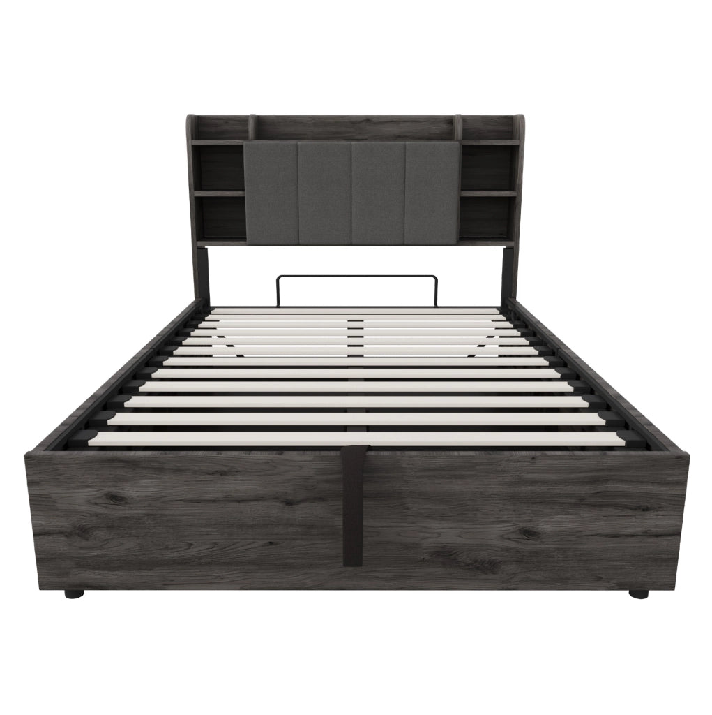 Letto singolo multifunzione 140x200 cm con contenitore idraulico; USB e USB-C; grigio