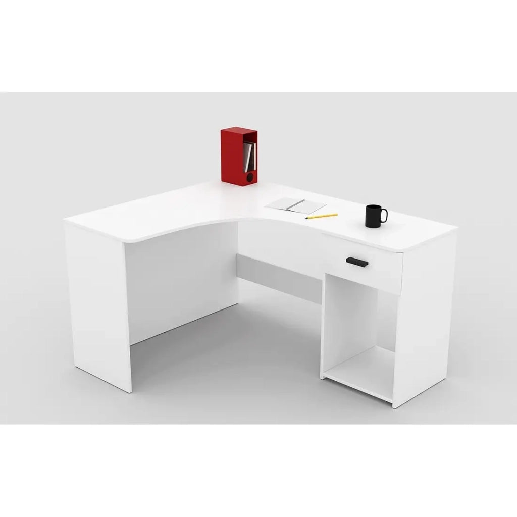 Scrivania ad angolo LOUANE - Bianco opaco - Design moderno con cassettiera e vano portaoggetti