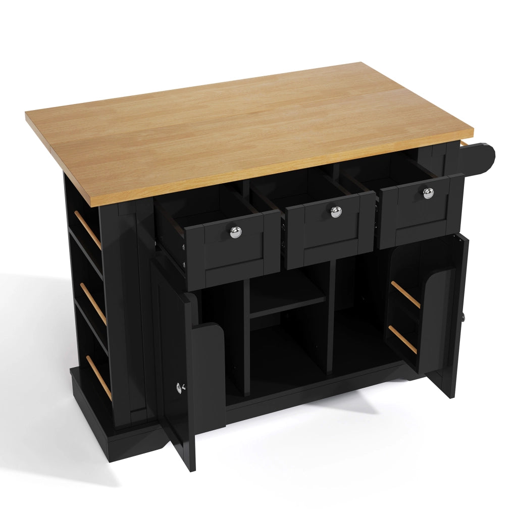 Carrello da Cucina con 3 Cassetti; 2 Ante; Ripiani Aperti; Presa e Portasciugamani; Cucina; in MDF; 132x40x87 cm; Naturale e Nero