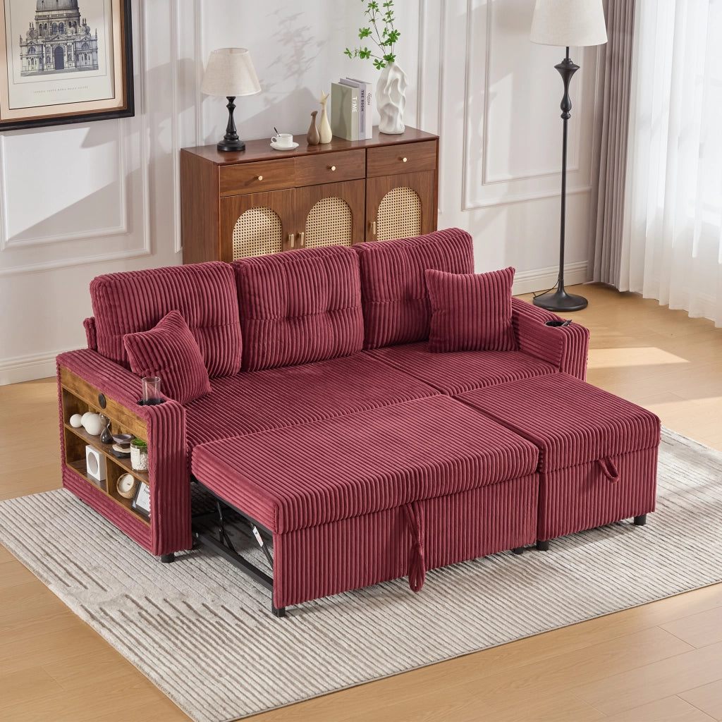 Divano letto modulare in velluto a coste con vano contenitore, USB-C, LED e portabicchieri vino rosso