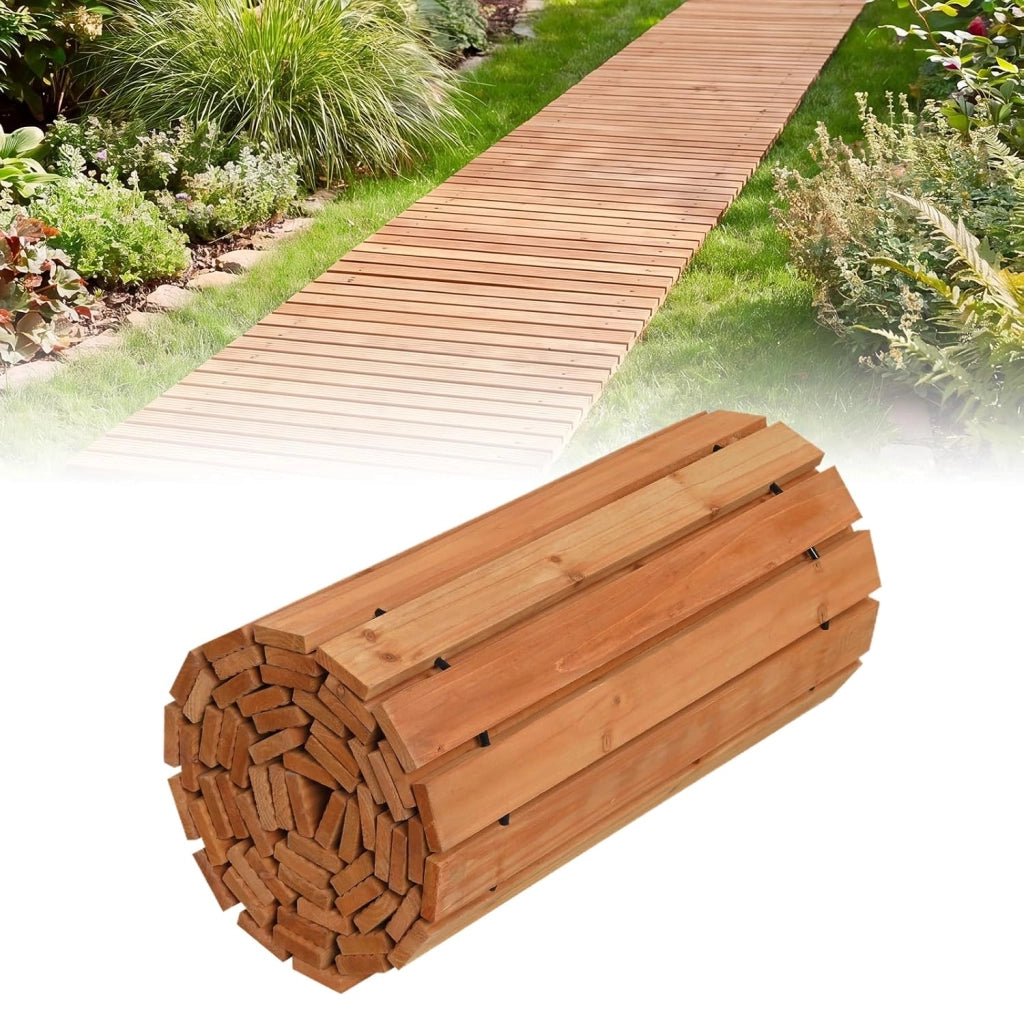 Sentiero da Giardino in Legno, Passerella Decorativa da Esterno, Superficie Antiscivolo, Collegamento con Fili Metallici, Sentiero Arrotolabile per Cortile e Spiaggia, 367 x 55 cm (Naturale)