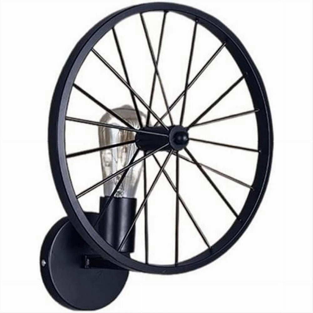 Trade Shop - Applique A Parete Stile Vintage Lampada Forma Di Ruota Bicicletta Nero E27 Aq62 -