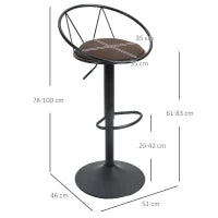Set 2 Sgabelli da Bar Girevoli con Schienale e Poggiapiedi in Metallo, Altezza Regolabile e Seduta Imbottita per Soggiorno e Cucina , Marrone 51x46x78-100cm
