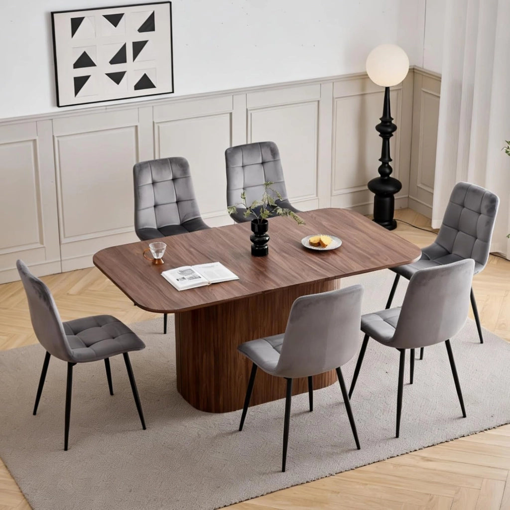 GrandCA HOME Set da Pranzo 6 Sedie in Velluto a Coste Nero e un Tavolo Rettangolare 160x90 — Ideale per Cucine e Soggiorni (Impiallacciatura di Noce)