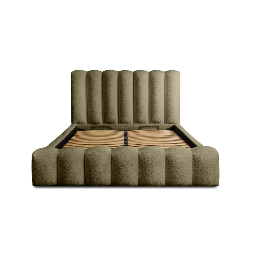 Letto contenitore BADJA – Tessuto bouclé Salvia essiccata – 140x200 cm – Rete sollevabile – Design di alta gamma