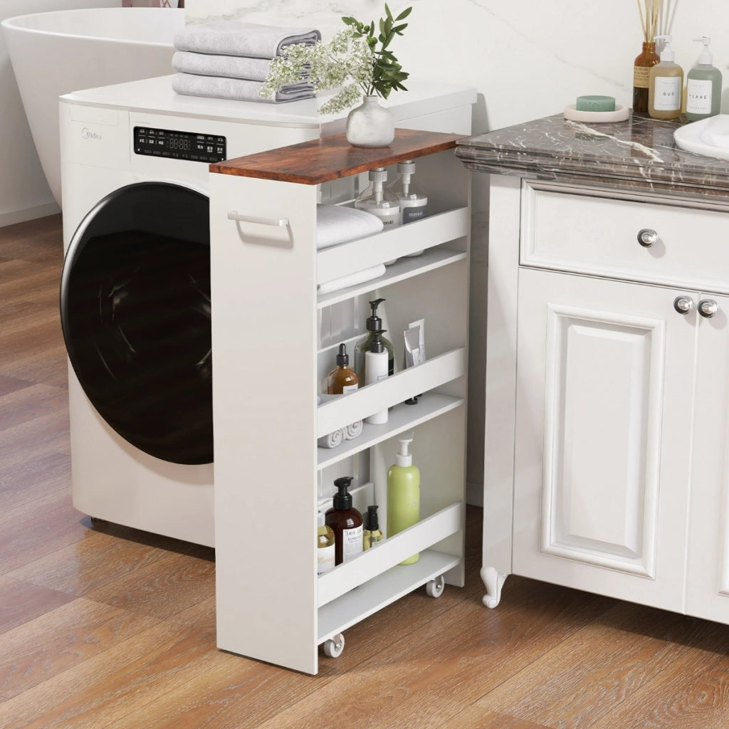 Carrello sottile da 20cm con ruote e ripiani aperti-Carrello utilitario estraibile da cucina a 4 ripiani Bianco
