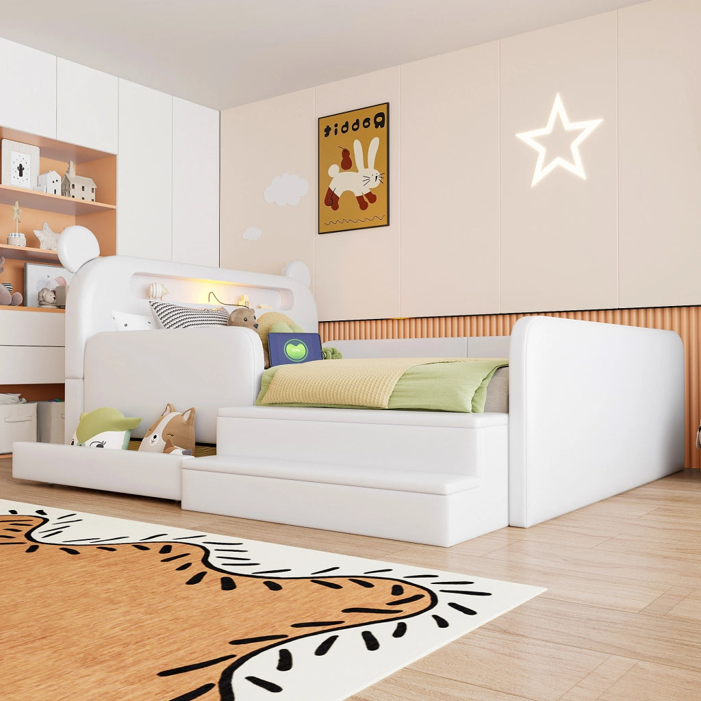 Letto imbottito per bambini con testiera a orso e USB, 140x200 cm, bianco